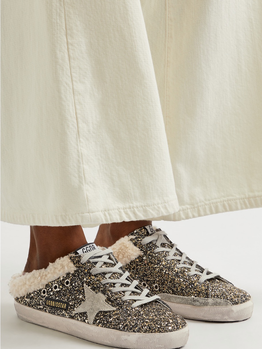 Golden Goose Glitter Star Slip-On Sneakers With Shearling Trim - Gold/Beige